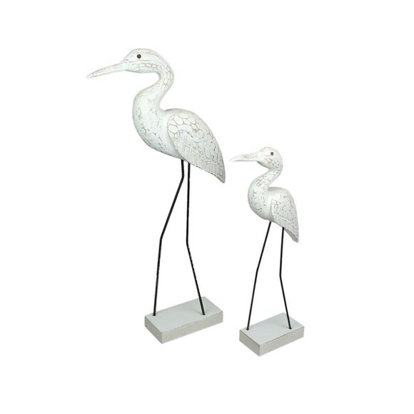 Set of 2 Hand Carved Wood and Metal White Egret Bird...